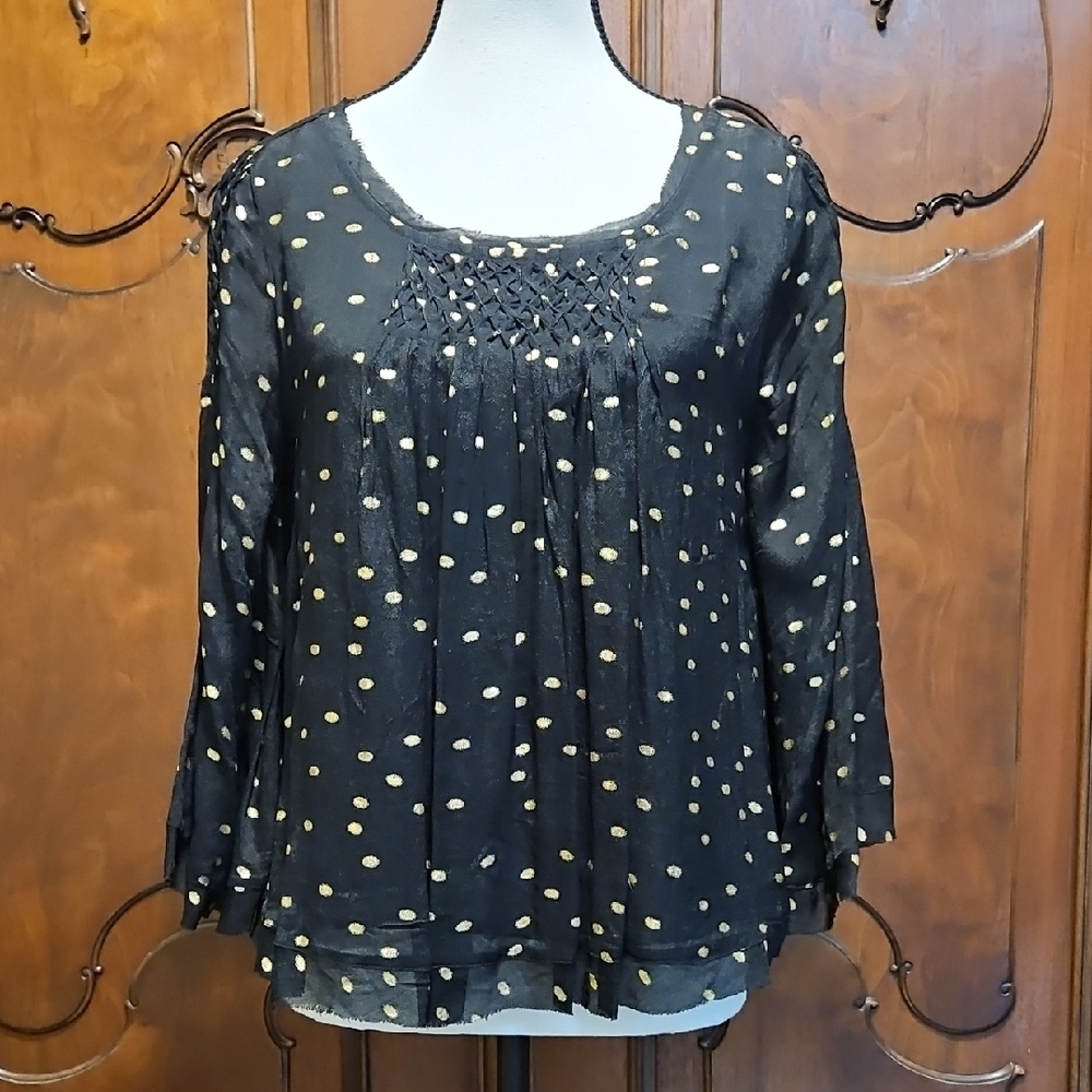 Anthropologie Floreat Everafter Blouse Black with Gold Polka Dots Size S